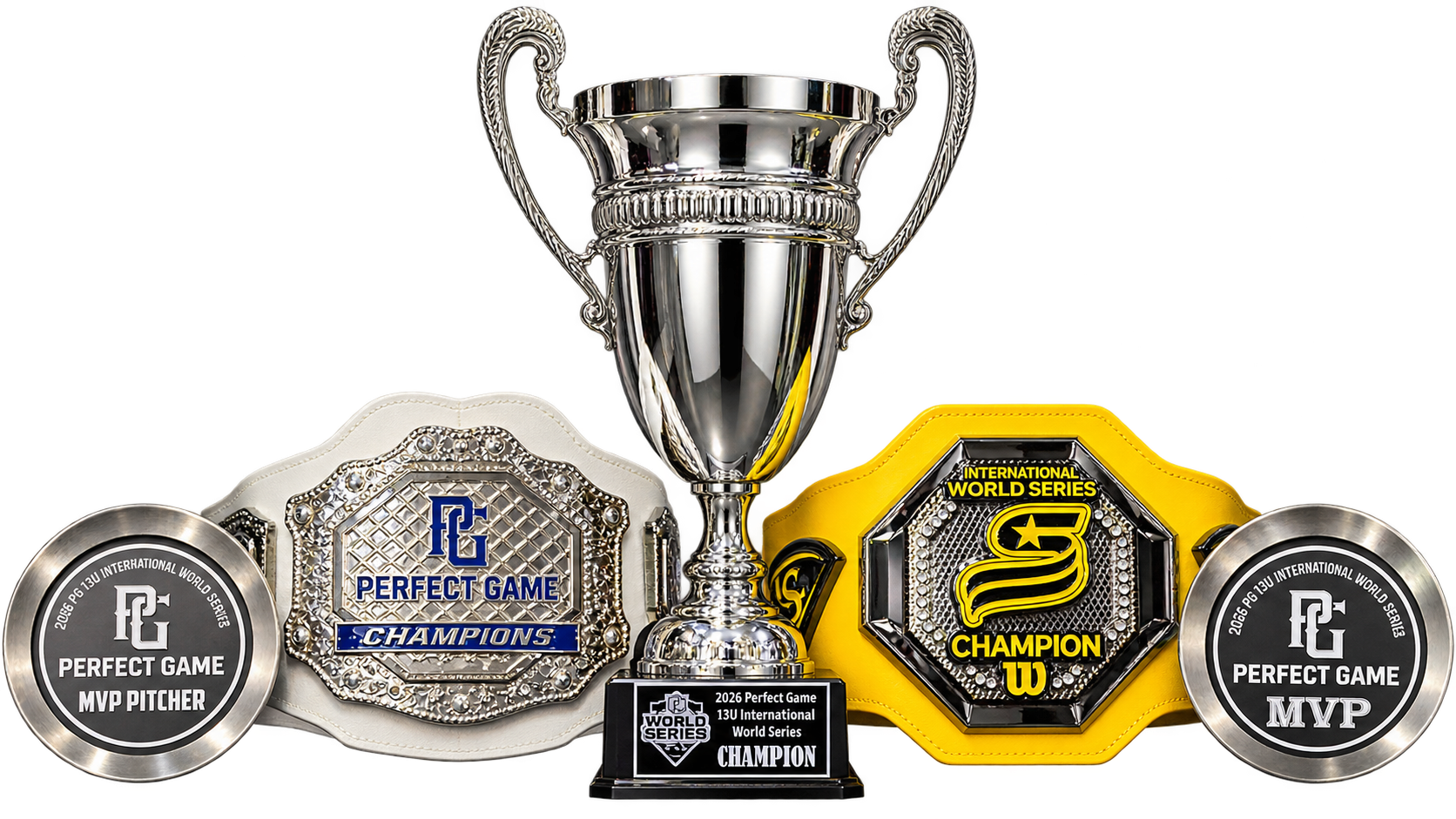 Hitmen championship awards collection featuring trophy, champion belts, and MVP awards on a transparent background