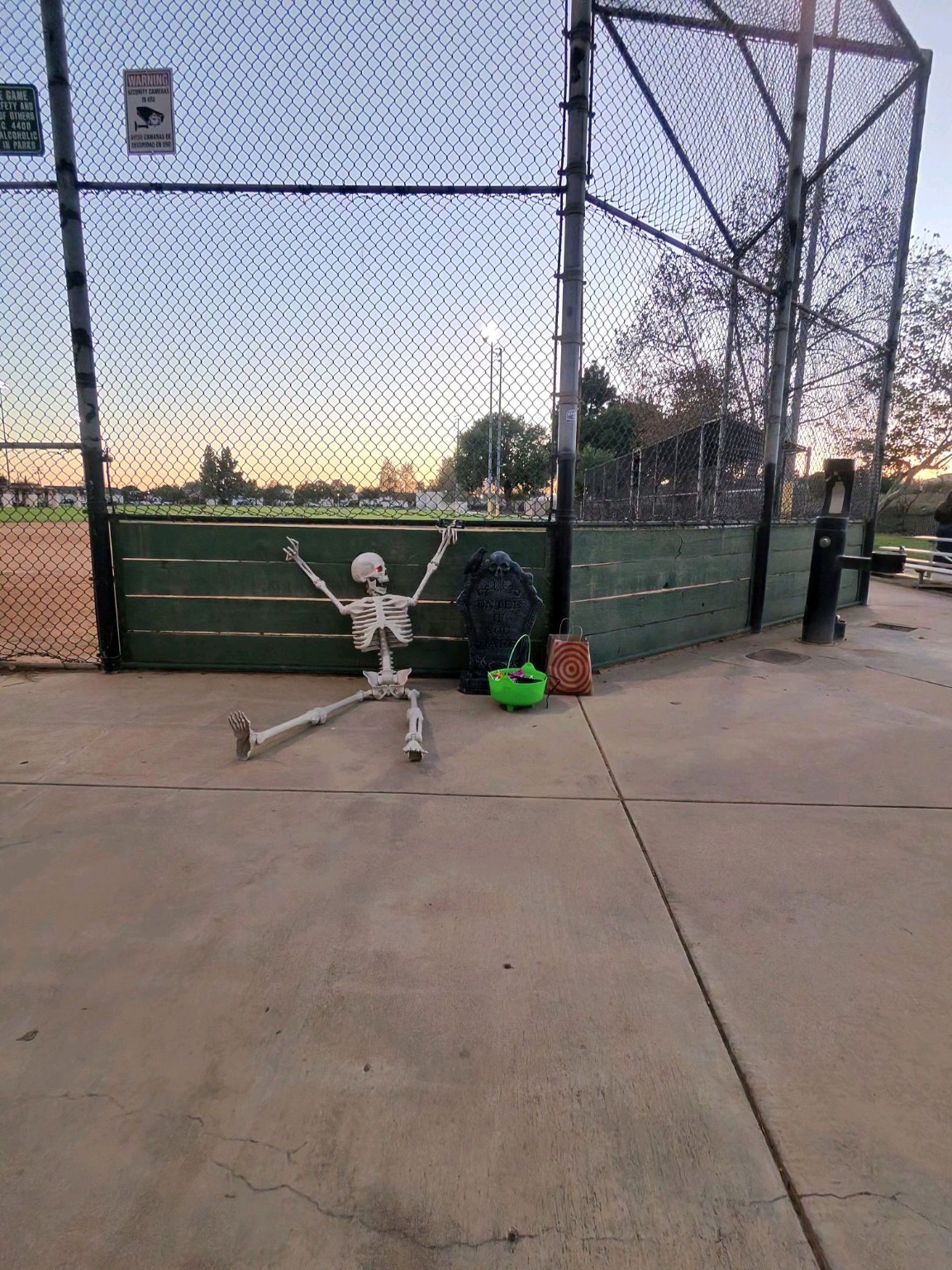 Halloween skeleton display at the Hitmen field
